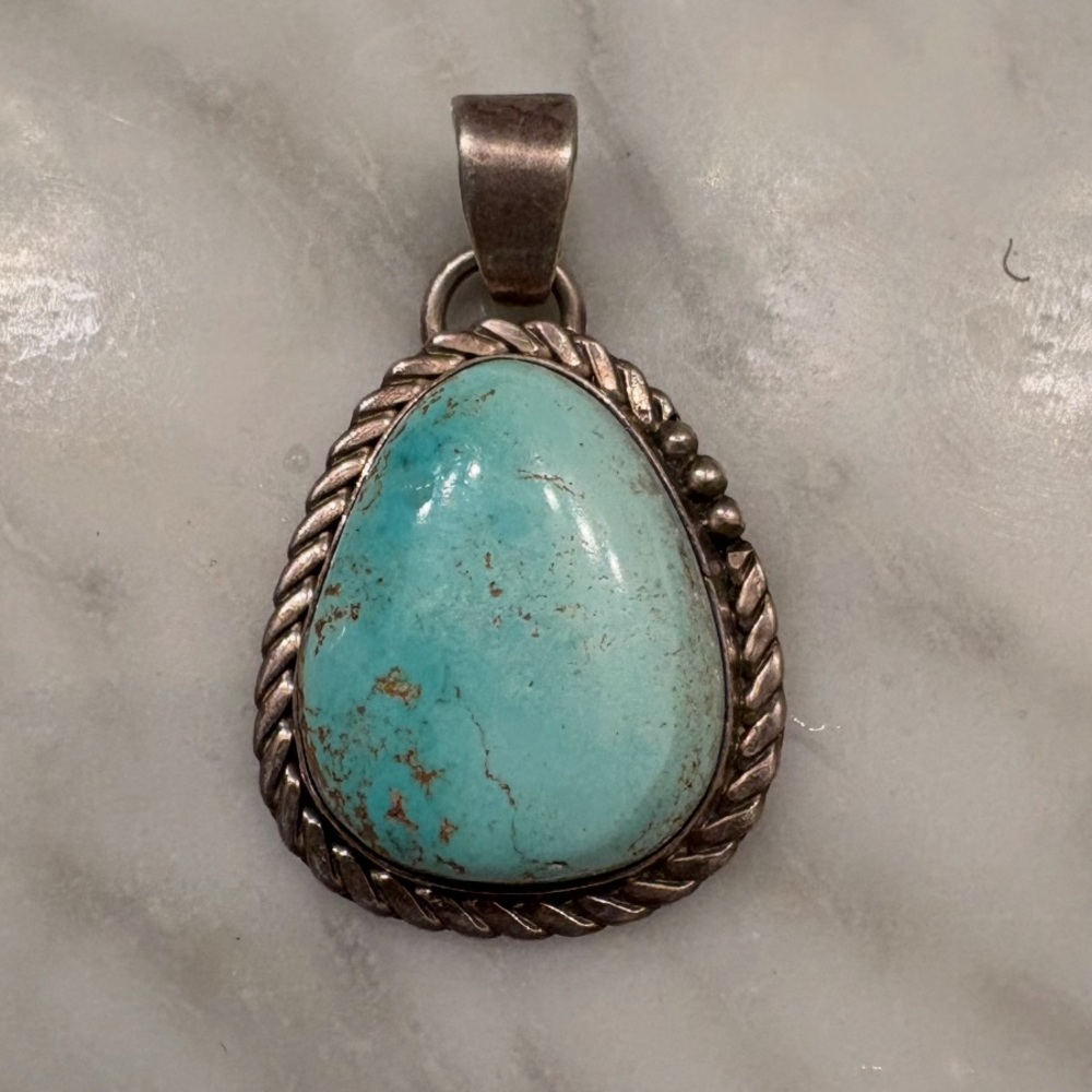 Navajo Turquoise & 925 Sterling Silver Pear-Shaped Pendant by Alfred (“Al”) Joe